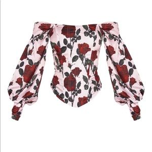 PLT Red Roses Bardot Balloon Sleeve Corset Top NWT